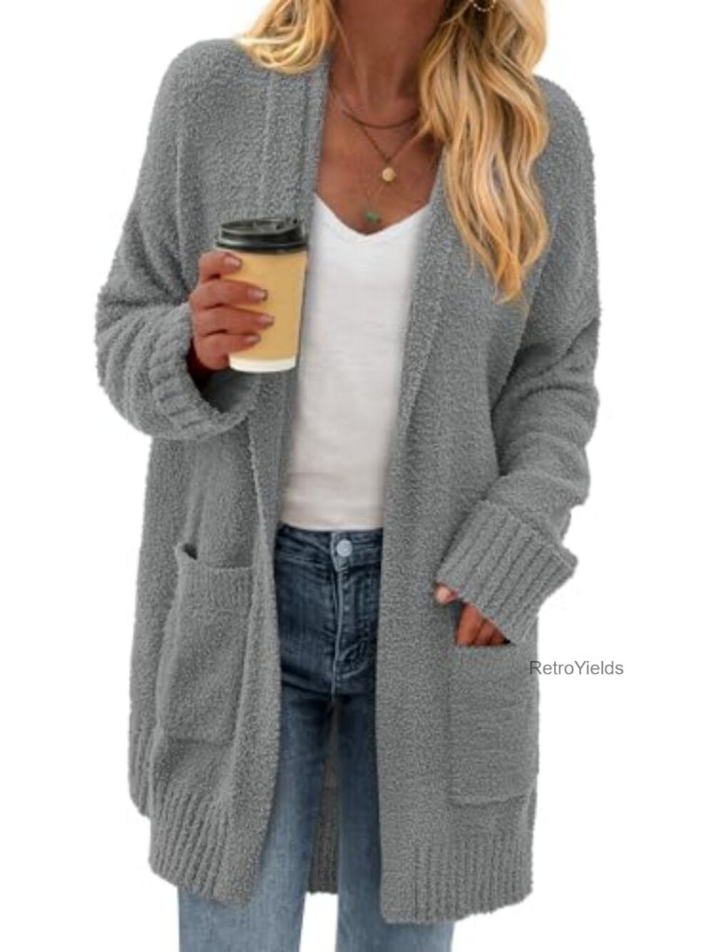 Womens Chunky Fuzzy Knit Open Front Long Cardigan Pockets